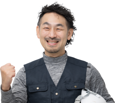 鳶職や現場作業員のガッツポーズカメラ目線　背景透明　笑顔の気合いを入れるガッツポーズ