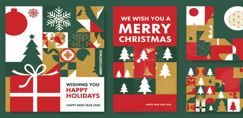 Vibrant abstract Christmas and winter holiday card templates showcasing modern geometric art, traditional symbols, and cheerful seasonal greetings for celebrations