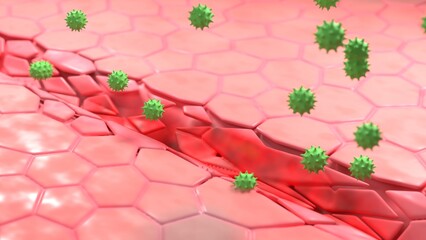 Virus Pathogen Infection attacking Open Wound microscopic view 3D illustration for pharmaceutical drug action, immune response explanation, and public health education