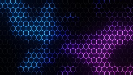 Abstract Neon Hexagon Grid blue and purple glowing 3D illustration for futuristic gaming backgrounds, esports stream overlays, and blockchain technology concepts