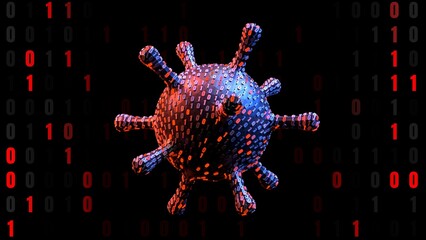 Computer Virus Binary Code Malware 3D illustration for cybersecurity alerts, ransomware threat news, and digital data protection visuals