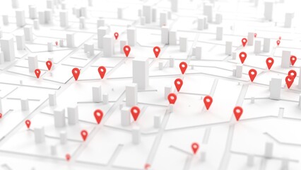 Floating GPS Location Pins on Digital Map 3D illustration for smart city logistics, real-time fleet tracking, and urban supply chain distribution network