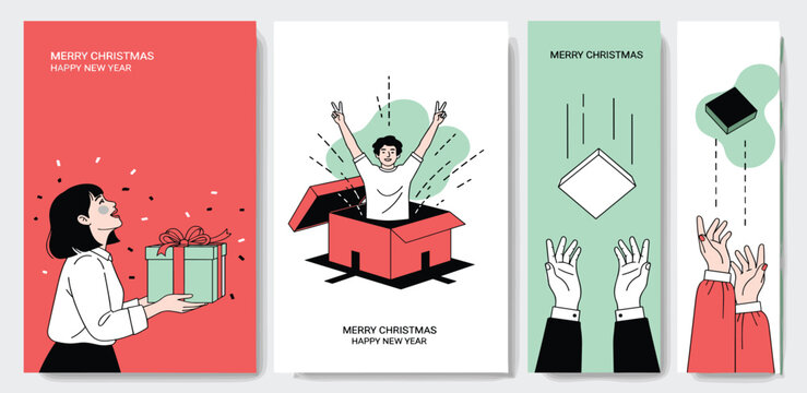 Happy Holidays and Merry Christmas greetings with illustrated people receiving and opening gifts in festive card designs