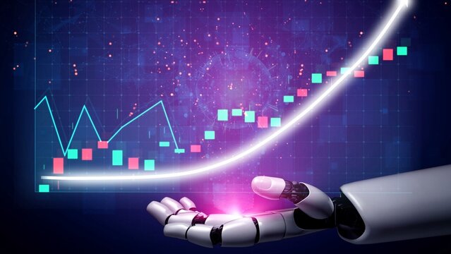 A futuristic robotic hand displays vibrant digital data visualization, featuring stock market graphs and elements that represent advanced financial analytics and innovation. Copula