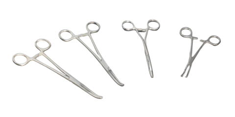 Four stainless steel surgical clamps and hemostats isolated on white background, medical instruments set of metal forceps for hospital surgery, healthcare equipment tools cut out, no people