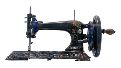 Old antique ornate black sewing machine side view, isolated on white background, cut out. Vintage manual retro tailoring equipment with floral ornaments, hand crank mechanism. Fashion history object