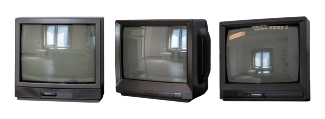 Set of three black CRT TVs old retro cathode ray tube television monitors with blank reflective screens isolated on white background vintage technology design elements cut out no people diff angles
