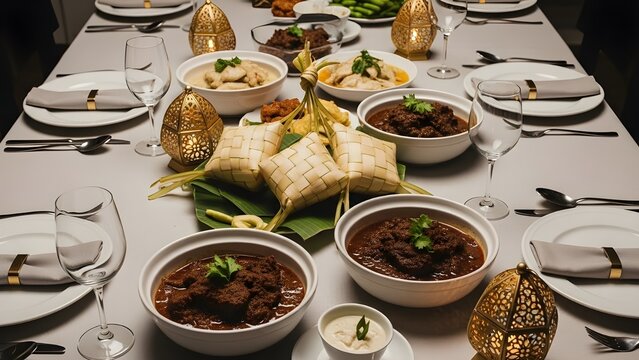 Elegant close-up of a festive dining table set with traditional Indonesian/Malay dishes for Eid or Ramadan Iftar. Features a centerpiece of ketupat (rice cakes) and bowls of rich, dark rendang and oth