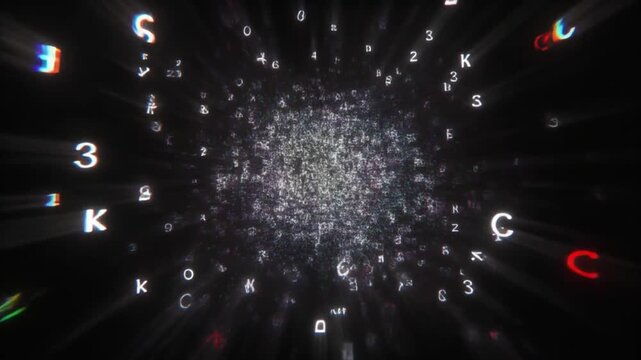 Abstract digital vortex of glowing letters and numbers in motion.