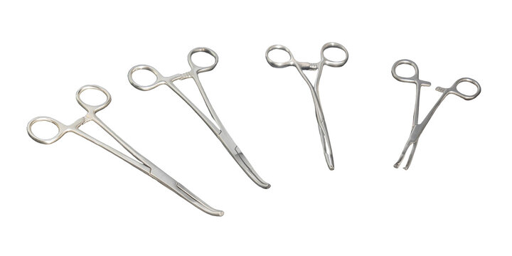 Four stainless steel surgical clamps and hemostats isolated on white background, medical instruments set of metal forceps for hospital surgery, healthcare equipment tools cut out, no people