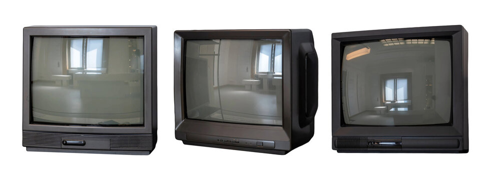 Set of three black CRT TVs old retro cathode ray tube television monitors with blank reflective screens isolated on white background vintage technology design elements cut out no people diff angles