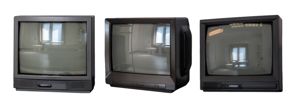 Set of three black CRT TVs old retro cathode ray tube television monitors with blank reflective screens isolated on white background vintage technology design elements cut out no people diff angles