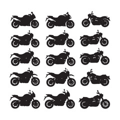 motorcycle, motorbike, silhouette, vector, bike, collection, set, transport, vehicle, icon, graphic, black, white, unique, different, style, chopper, cruiser, sport bike, naked bike, adventure bike, t