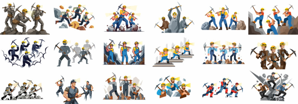 Diverse Set of Flat Design Miner Illustrations: Workers with Pickaxes, Hard Hats, and Headlamps in Various Mining Scenarios.