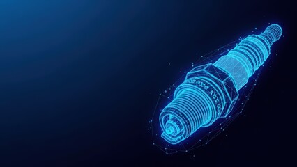 Abstract 3d rendering of a futuristic blue neon spark plug with digital network accents on a dark background