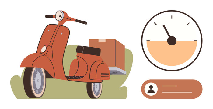 Vintage scooter with rear package, speed gauge showing progress, and profile icon suggesting user. Ideal for delivery, logistics, transportation, timing, e-commerce services efficiency. Simple flat