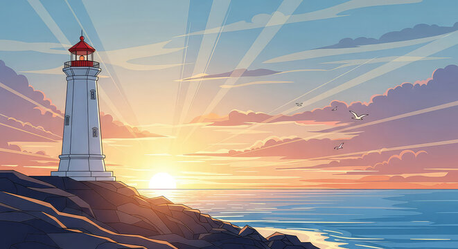 Beautiful sunset with lighthouse and seagulls flying over the ocean landscape