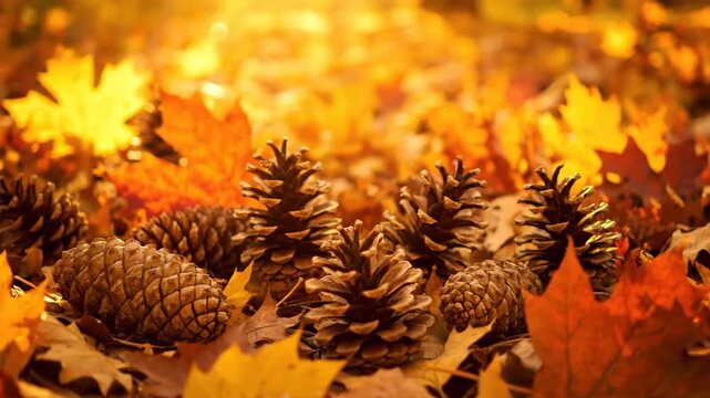 Autumn scene with colorful foliage and pine cones on ground