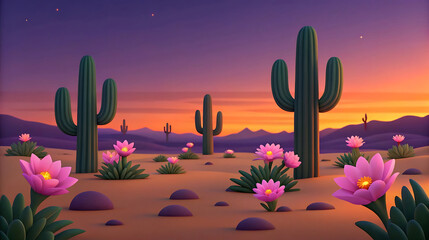 Desert plateau with blooming pink cactus flowers at dusk