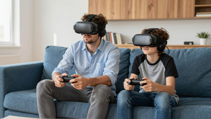 Father and son enjoy an immersive virtual reality gaming experience together at home, bonding over futuristic digital entertainment on their comfortable couch
