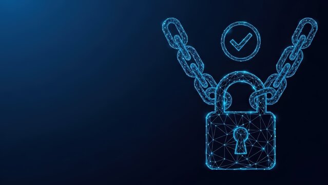 Digital lock and chain with checkmark symbol on dark blue background representing security and access