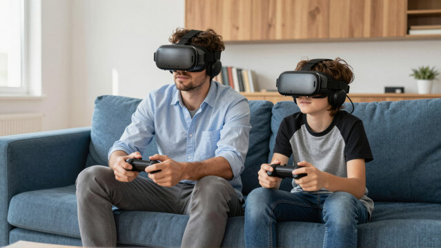 Father and son enjoy an immersive virtual reality gaming experience together at home, bonding over futuristic digital entertainment on their comfortable couch