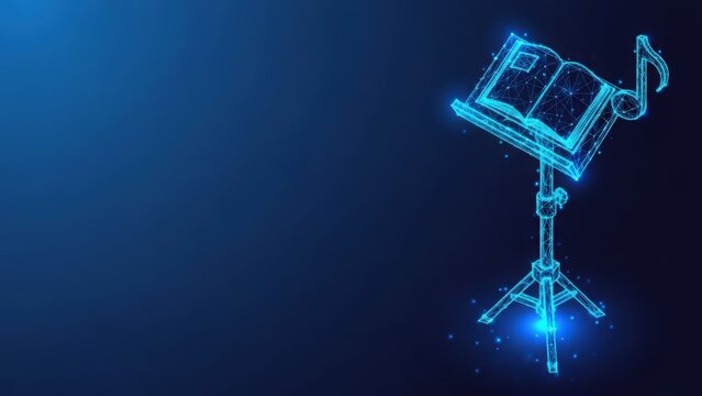 Digital music stand with open book glowing in neon blue light