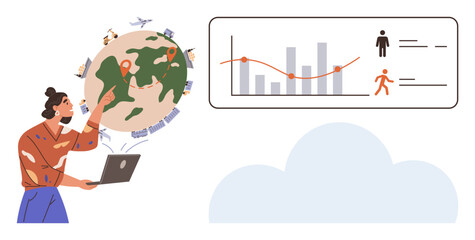 Woman pointing at world map on a globe with location markers, surrounding elements thumbs up graphs, charts, and technology visuals. Ideal for global analytics, data visualization, teamwork