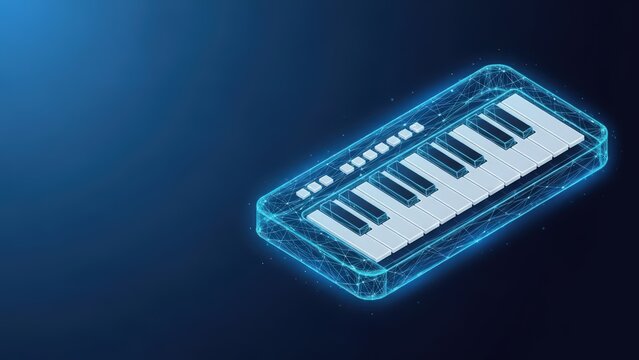 Glowing digital piano keyboard with blue wireframe outline on dark background
