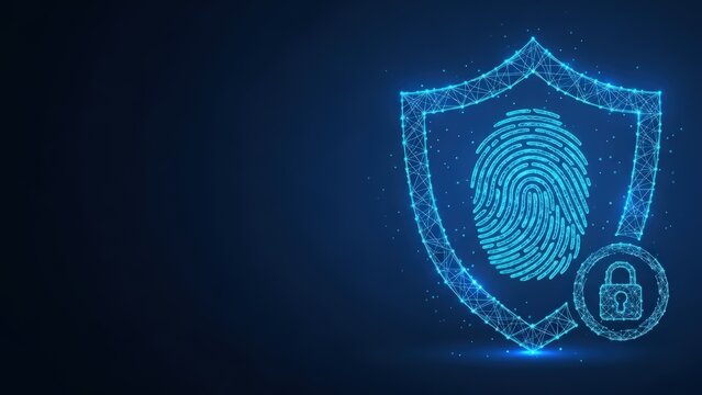 Glowing digital shield with fingerprint scanning for secure access and personal data protection