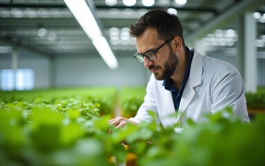 Male Biologist Looking at Seedlings in Indoor Hydroponic Growing Facility. High quality