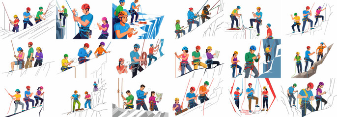 Climbers and Mountaineers Vector Illustration Set: Diverse people preparing gear, using ropes, belaying, and rappelling on rocky terrain.