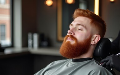 Redhead man sitting in modern barbershop with closed eyes waiting for barber. High quality