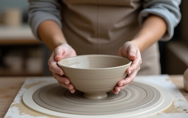 Woman Making A Bowl In The Pottery Studio. High quality