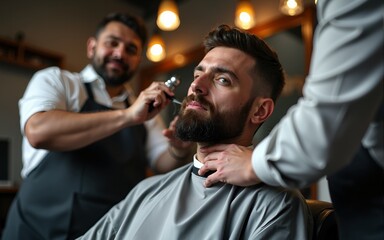 Barber in apron shaving beard with trimmer of serious man sitting in chair in barbershop. High quality