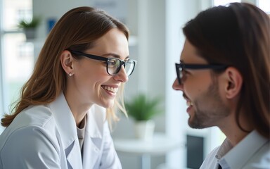 Optometrist with woman wearing new eyeglasses in clinic. High quality