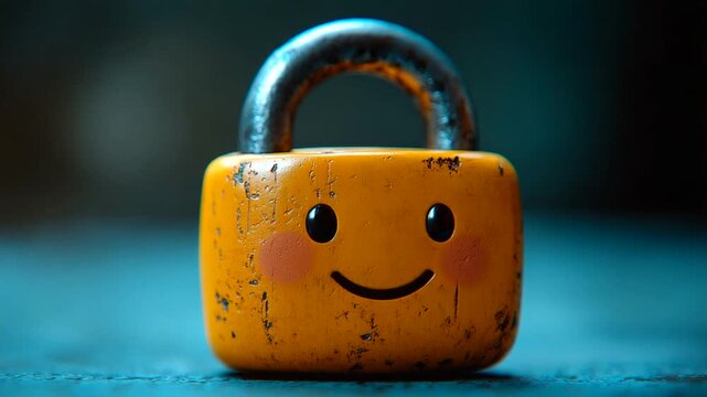 Happy yellow padlock with a smiling face on a table