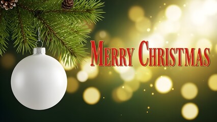 A warm, festive holiday banner design. Features a close-up of a white Christmas ball on a pine branch, with golden bokeh lights twinkling in the background. The text 'Merry Christmas' is displayed in 