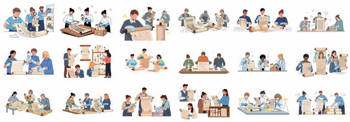 Archivists and restorers working with old scrolls, examining historical manuscripts, and performing ancient document preservation tasks.