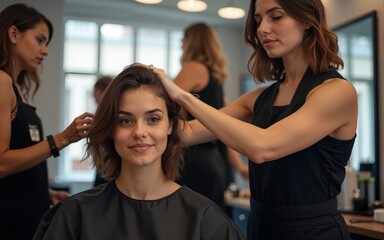 Hairdressers and female client in hair salon. High quality