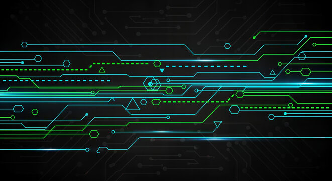 Abstract futuristic background with glowing green and blue digital circuit board lines and geometric shapes.