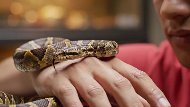 Exotic pet owner gently handling vibrant patterned snake indoors with calm affection and curiosity showing animal bond