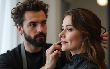 Male hairdresser and female client in hair salon. High quality