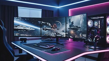 Dynamic gaming setup with triple monitors showing intense space battle action and colorful RGB lighting for immersive gameplay - Powered by Adobe