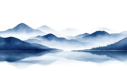 Misty mountain range reflected in tranquil lake, artistic landscape background, serene vista, calming view, potential for wallpaper or print