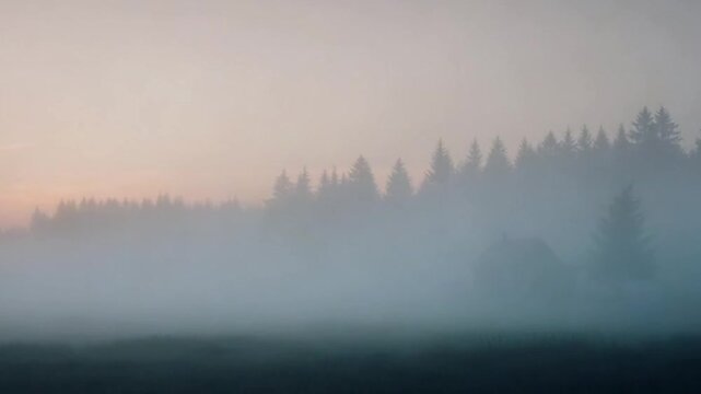 Misty morning reveals cabin in forest clearing, promising peaceful getaway in nature