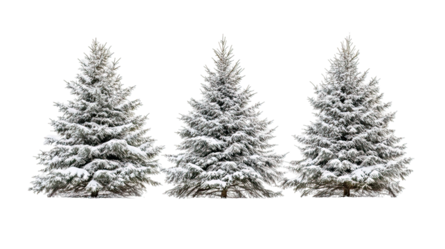 Three Spruce Trees in Winter with Heavy Snow Coverage on Transparent Background
