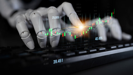 A robotic hand interacts with a computer keyboard while analyzing dynamic financial data, emphasizing technology role in modern stock market trading and investment decisions. Scalp