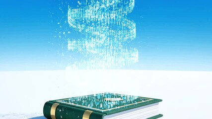 Digital book illustration with data pouring from pages; green, gold book with blue background - Powered by Adobe