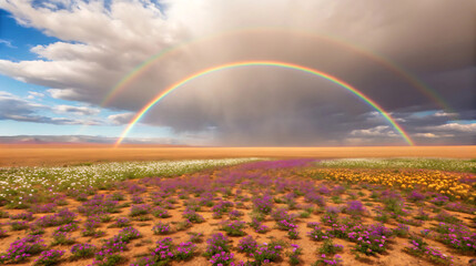 Naklejka premium Desert valley with double rainbow and blooming wildflowers